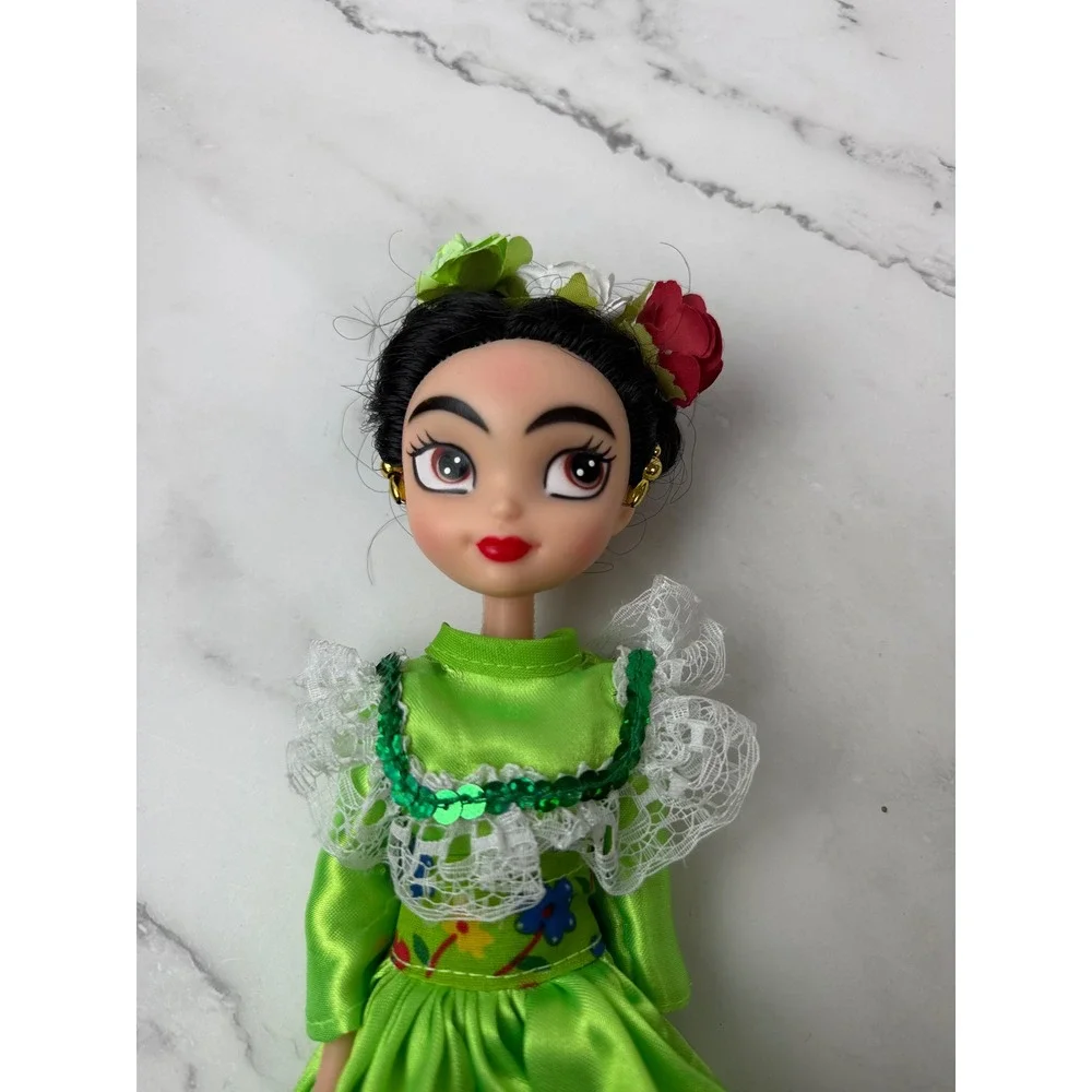 Frida Kahlo Doll Green Dress Earrings Flower Tiara Great Condition